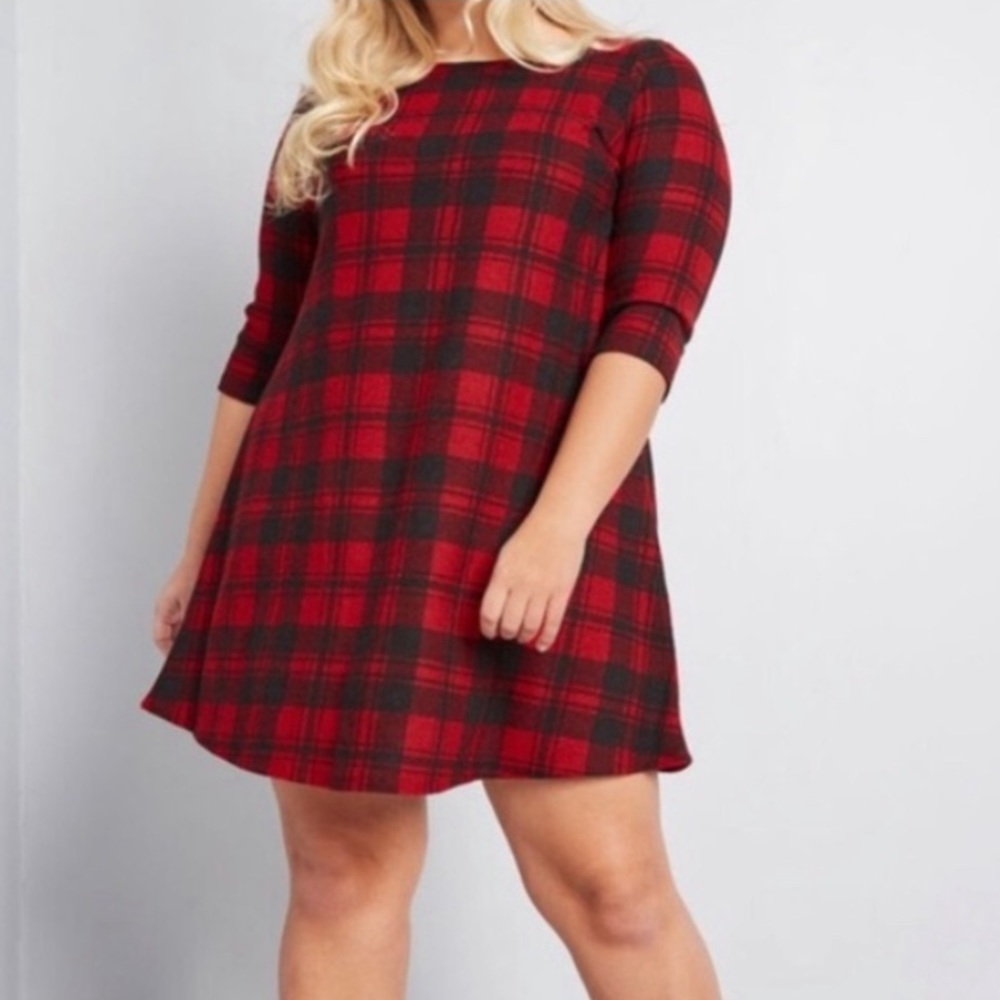 Modcloth Red Black Plaid Tartan Shift Dress Plus Size XL